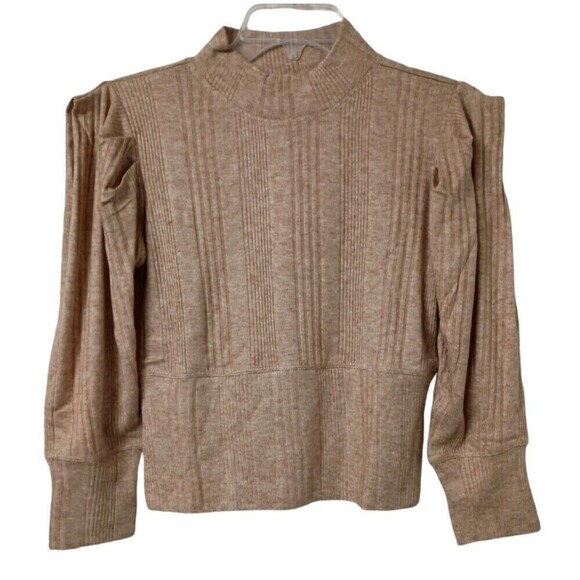 BAND OF GYPSIES Womens Sweater Top Small Cropped Camel Tan Mock Neck 3/4 Sleeve - Picture 2 of 7